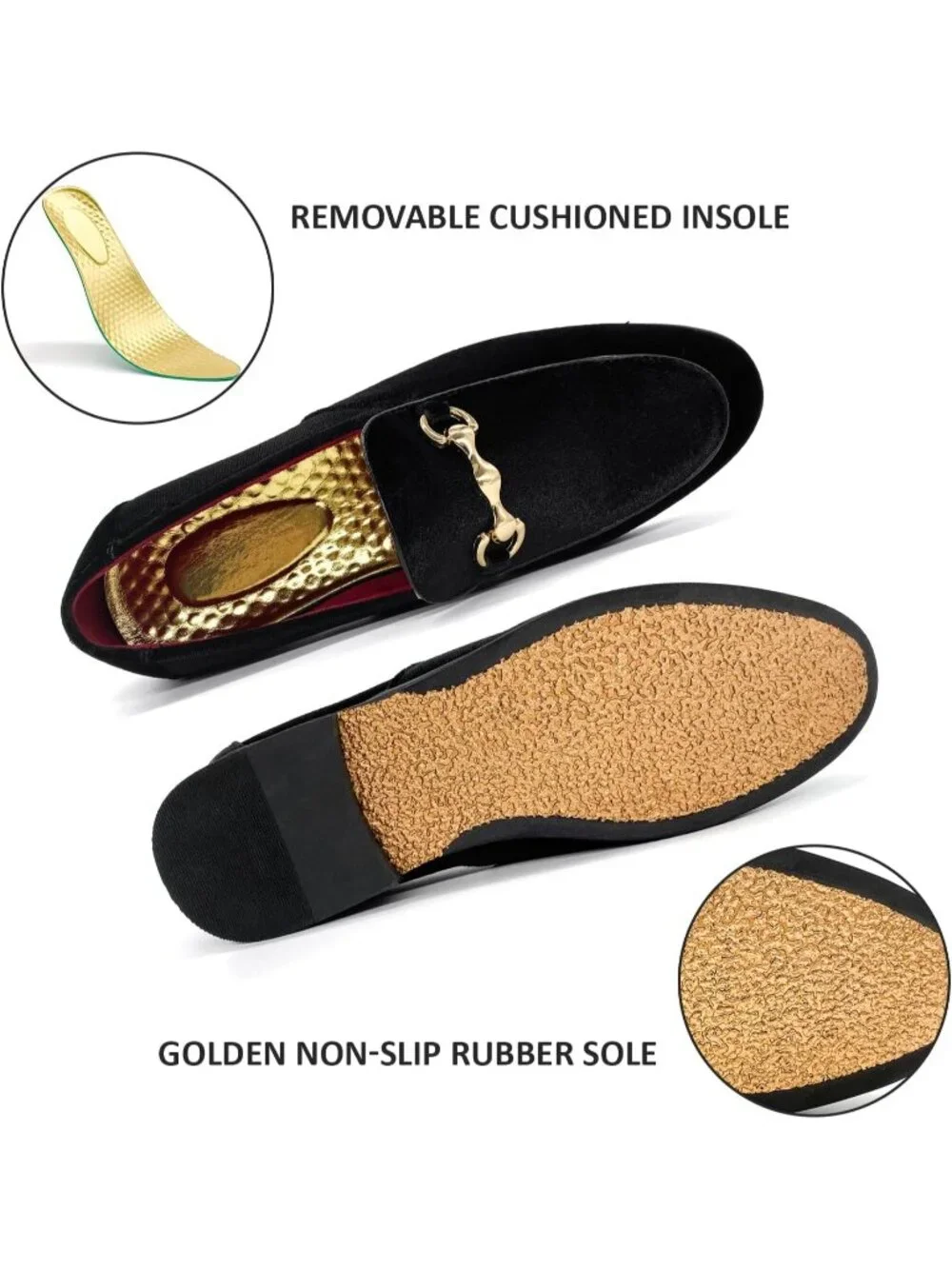 Men's Black Velvet Glitter Suede Gold Bit Slip On Loafer Slipper Dress Shoes